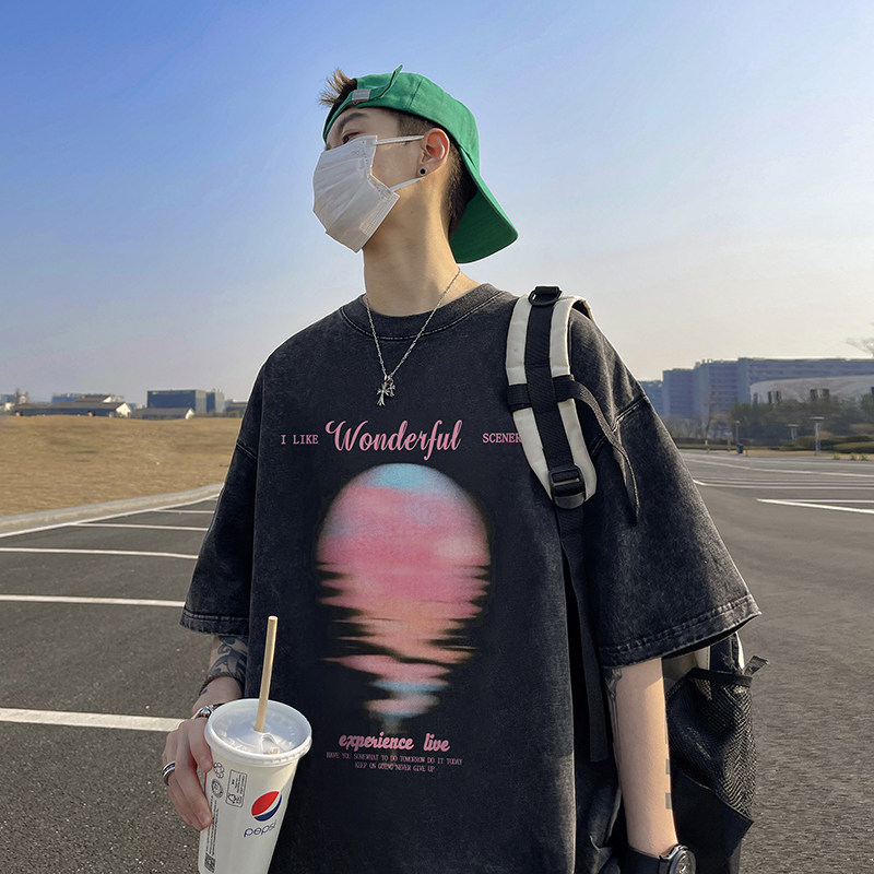 重磅水洗纯棉直播有280克美式潮牌蜡染印花宽松短袖t恤T729-P35,男装T恤,电商A486