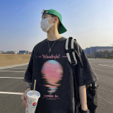 重磅水洗纯棉直播有280克美式潮牌蜡染印花宽松短袖t恤T729-P35，男装T恤，电商A486