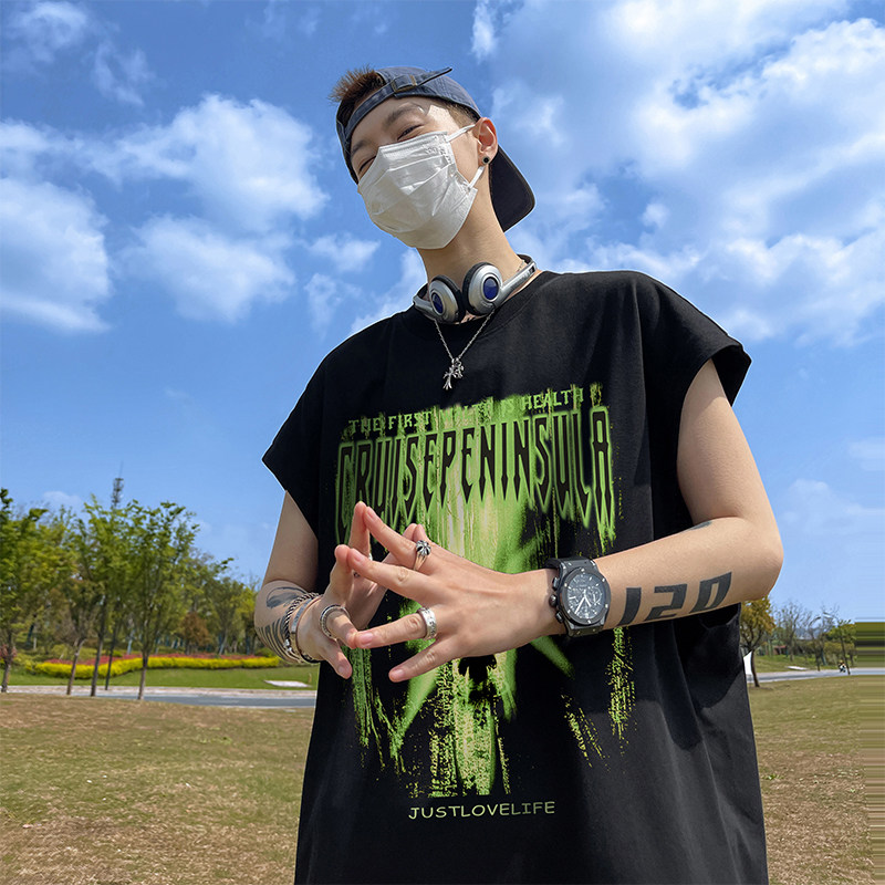 直播品质重磅纯棉220克美式印花宽松背心男女无袖t恤潮BX213P25,男装背心/马甲,电商A486