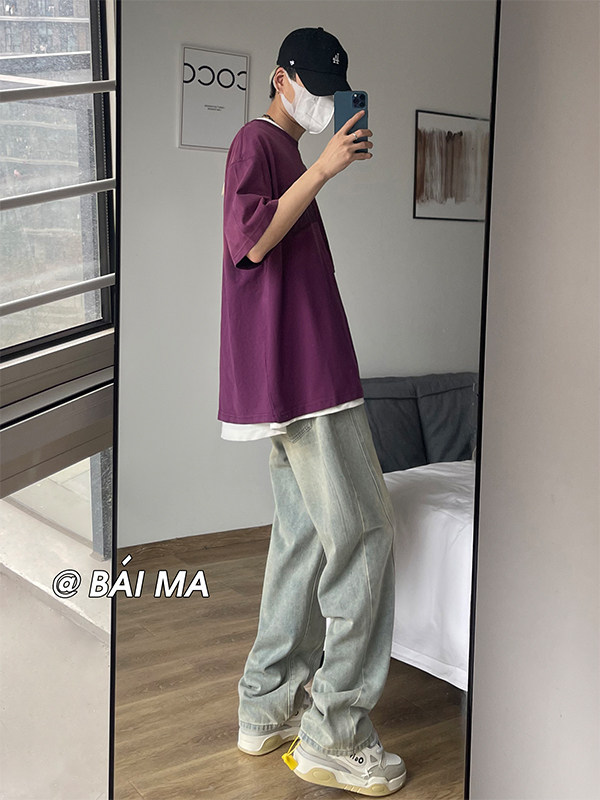 直播品质男女款美式高街宽松直筒黄泥色水洗牛仔裤潮K1101-P55,男装牛仔裤,电商A486