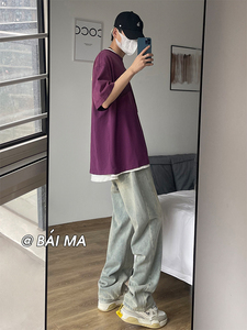 直播品质 男女款 美式高街宽松直筒黄泥色水洗牛仔裤潮 K1101-P55图片