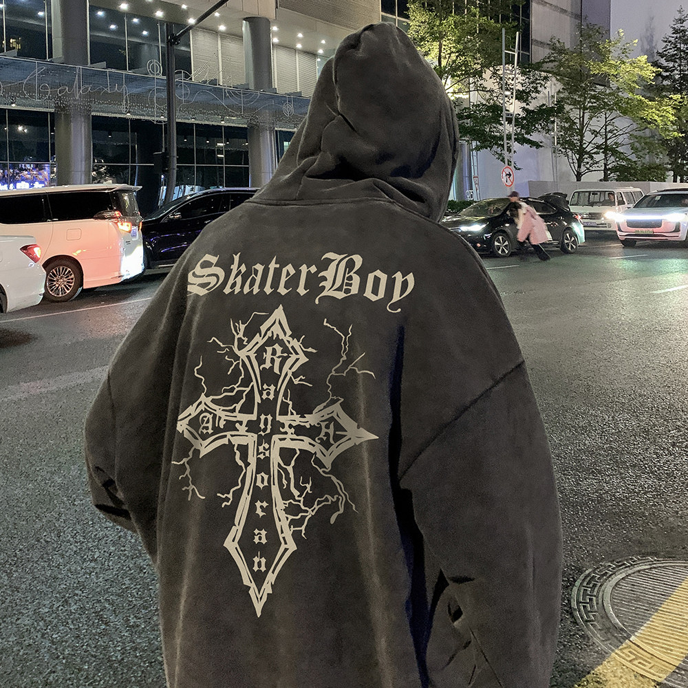 抖音品质 欧美式做旧水洗复古印花潮流连帽卫衣高街外套 W298-P70图片