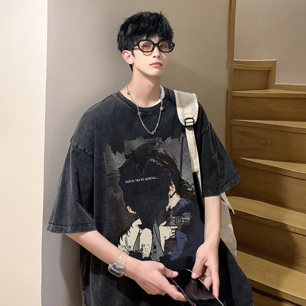 数据超好重磅240克美式水洗做旧潮牌宽松短袖t恤T536-P38控58,男装T恤,电商A486
