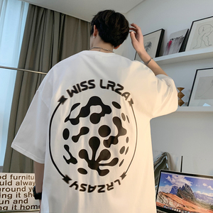 重磅纯棉 直播有280克双纱 美式潮牌印花宽松情侣短袖t恤T586-P25图片
