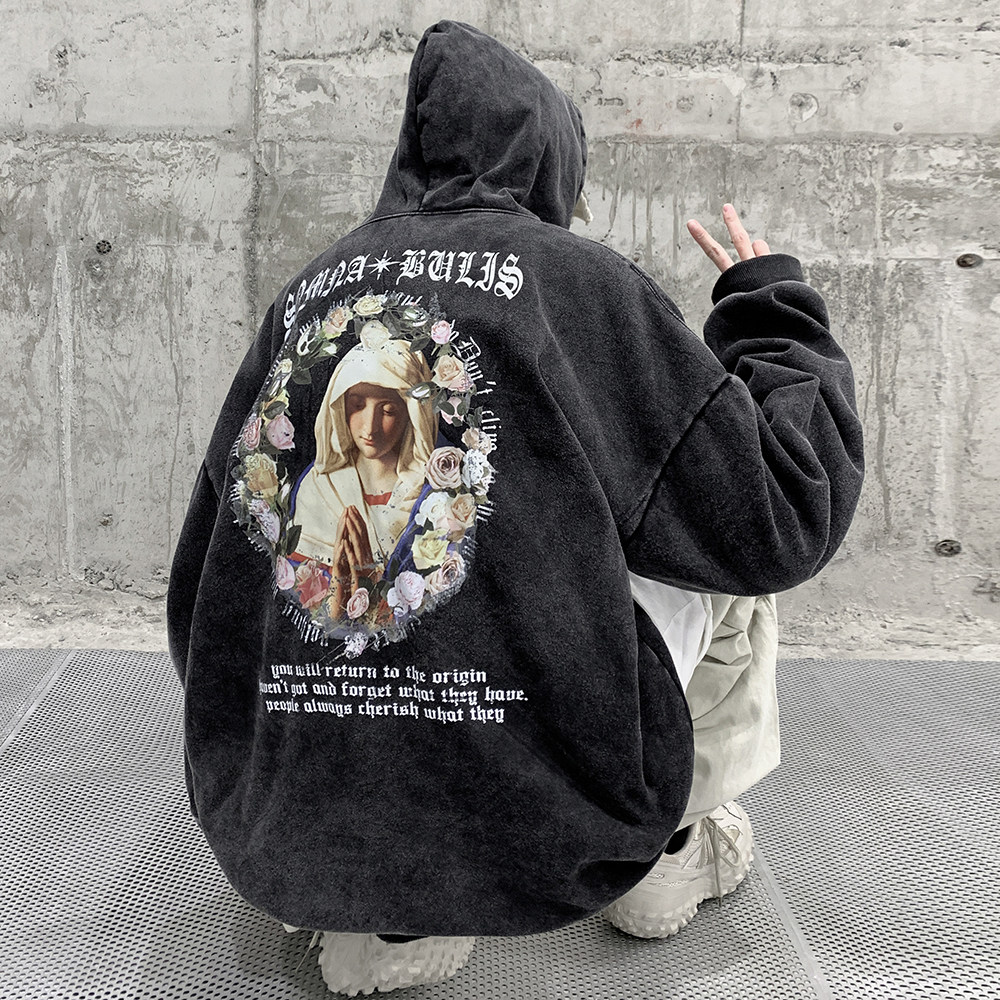 抖音品质 重磅美式 高街做旧水洗复古炒雪花潮牌连帽卫衣D117-P65图片