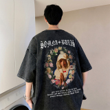 重磅纯棉直播抖音品质美式潮牌复古蜡染水洗做旧宽松t恤D179P35，男装T恤，电商A486