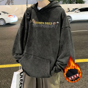 欧美式高街做旧水洗复古印花潮流连帽卫衣外套W556常规P65加绒P75图片
