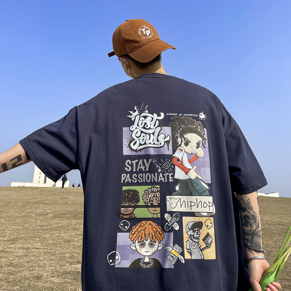 重磅纯棉直播有280克美式潮牌卡通印花宽松短袖t恤T606-P25,男装T恤,电商A486