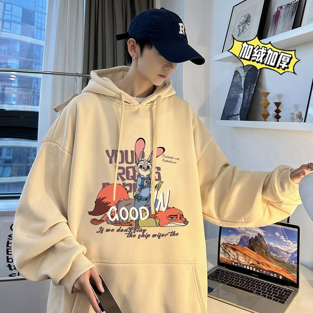兔年系列冬装加绒加厚潮牌卡通宽松连帽印花卫衣外套W705-P50,男装卫衣,电商A486