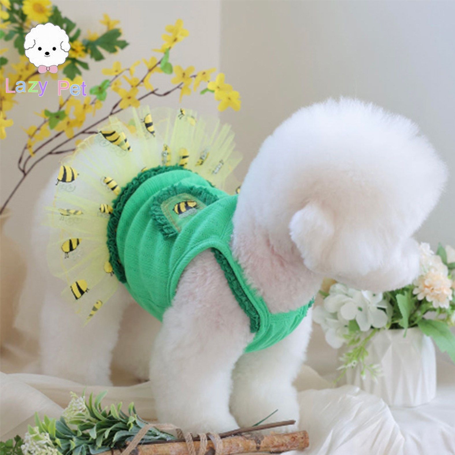 韩代猫狗蕾丝边口袋小蜜蜂吊带裙