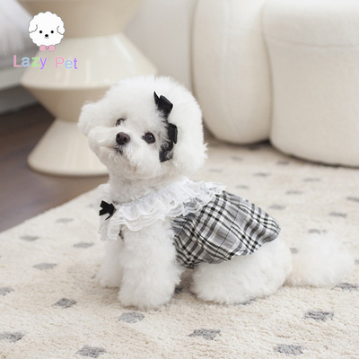 韩代宠物黑白格纹蕾丝边连衣裙