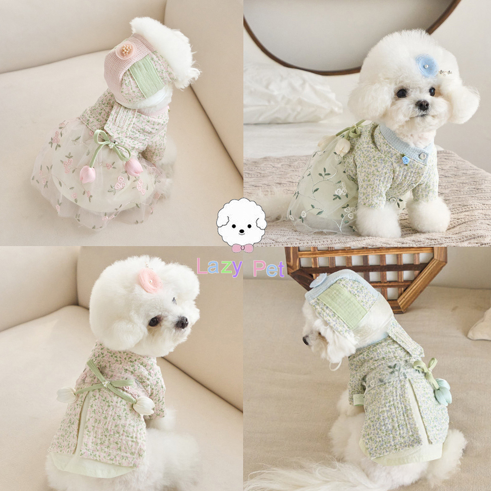 「Lazy Pet」韩国代购宠物花朵刺绣韩服连衣裙长袍帽子发夹垫子