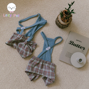 「Lazy Pet」韩国cocolauren宠物英伦格子弹力叠穿打底交叉背带裤