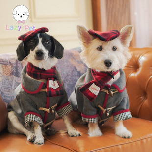 「Lazy Pet」韩国ThirtyPounds宠物牛角扣羊毛大衣红格纹帽子围巾