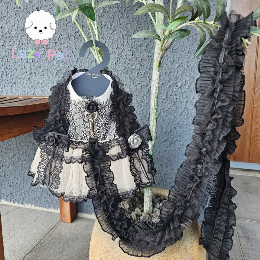 韩代宠物网纱蕾丝花连衣裙牵引绳