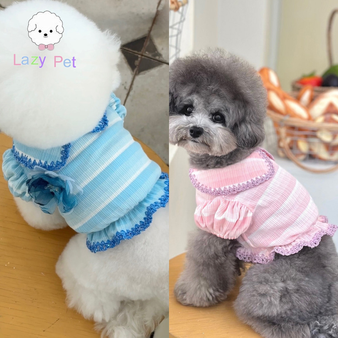 韩代宠物花朵条纹弹力松紧带上衣