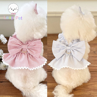 「Lazy Pet」韩国avec_chiot宠物条纹荷叶边蝴蝶结连衣裙牵引绳
