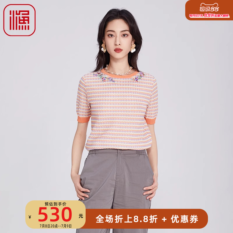 FISHING短袖女t恤2025新款新中式绣花小方格休闲针织上衣FGHB1016