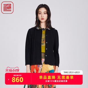 渔牌女装大衣女款2025新款春秋中式绣花羊毛呢料修身外套FGHA3201