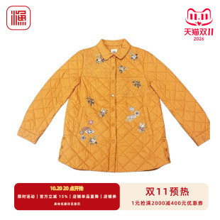 渔牌女装秋冬翻领薄棉服 菱格绗缝花卉刺绣宽松中长款夹棉外套