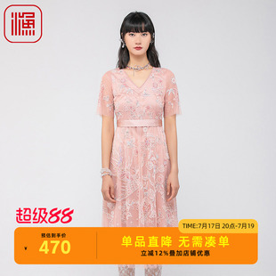 渔牌女装连衣裙女夏季新款修身蕾丝绣花时尚裙子FGGB0023