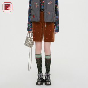 复古显瘦休闲百搭短裤 灯芯绒绣花高腰五分裤 女 新款 渔牌2025秋装