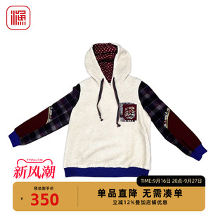 渔牌女装秋冬连帽卫衣女格纹拼接袋刺绣抽绳百搭舒适套头上衣
