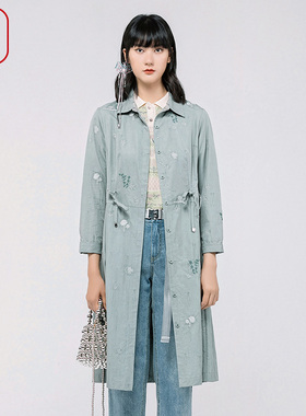 渔牌女装风衣女款2024新款春款刺绣系带收腰过膝长款外套FGGA3025