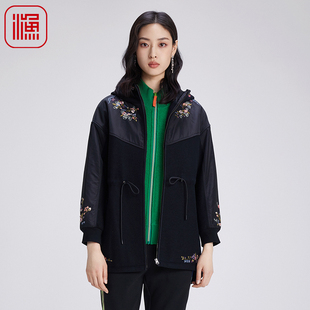 渔服饰毛呢外套女2024新款 上衣休闲百搭FGGC3215 羊毛拼接呢料长款