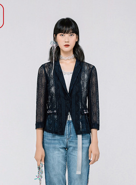 渔牌女装春装女款2024年新款蕾丝刺绣花短款休闲西装外套FGGA3063