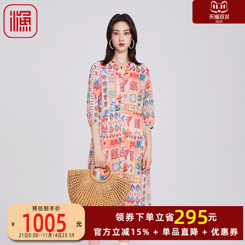 渔牌女装连衣裙2025新款宽松抽绳收腰印花休闲雪纺长裙子FGHA0029