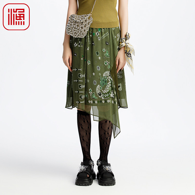 渔牌真丝女装半身裙女2025新款桑蚕丝印花中长裙休闲时尚FGHA7210