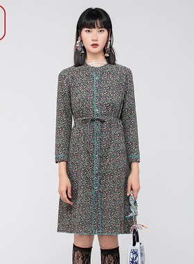 渔牌女装连衣裙2024新款女春秋灯芯绒碎印花纯棉全棉裙子FGGA0092