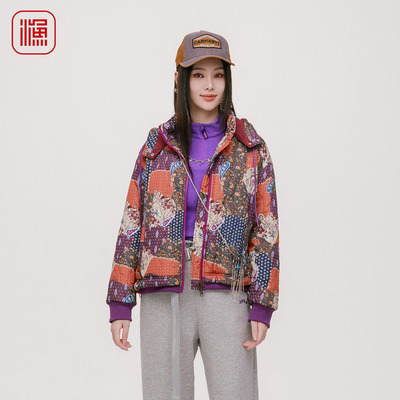 渔牌棉服女2025新款秋冬印花短款