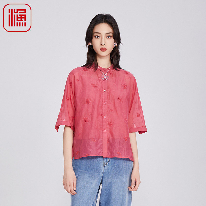 渔牌女装中式国风女装2025新款立领蝙蝠袖桑蚕丝休闲衬衫FGHB2240