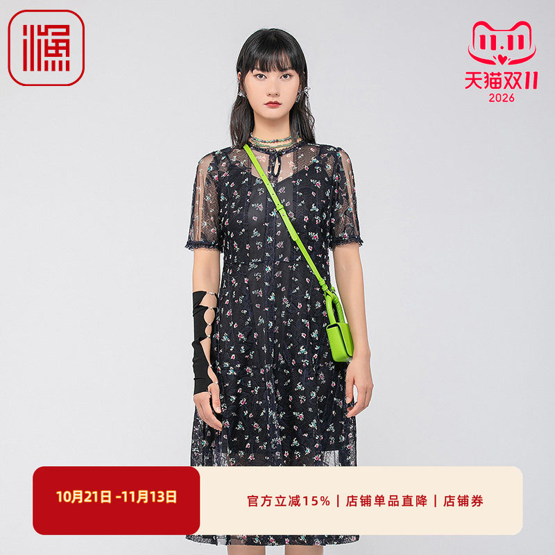渔牌夏季雪纺蕾丝印花长款连衣裙