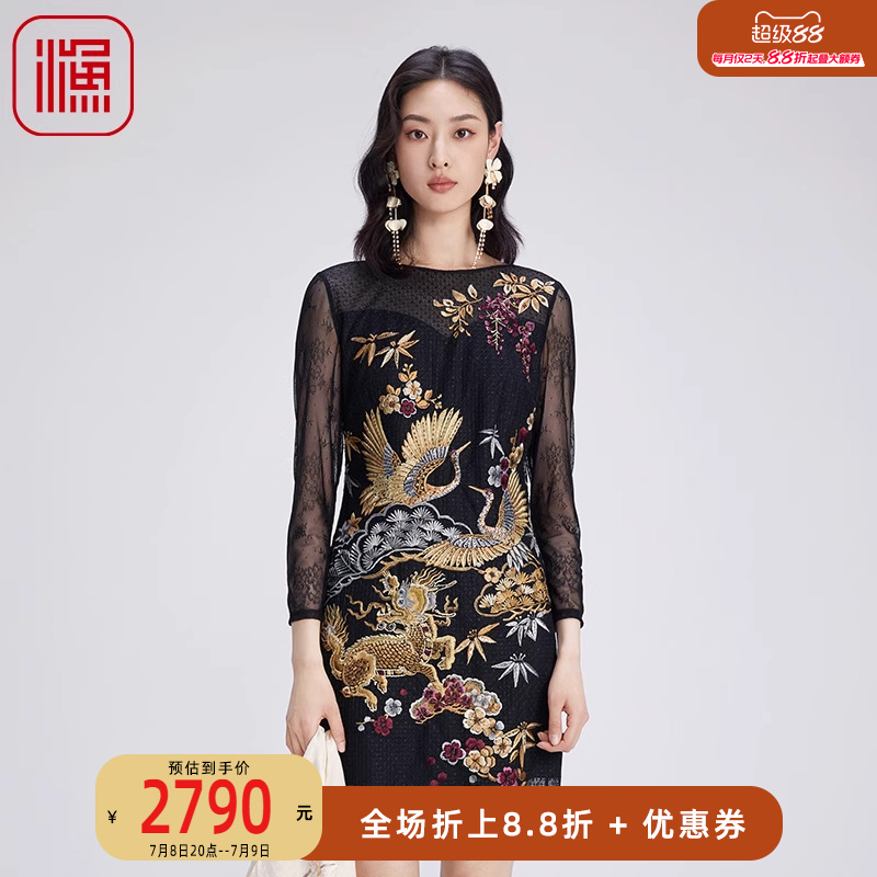 渔牌女装连衣裙2024新款女秋冬新中式重工国潮绣花蕾丝裙FGGD0033