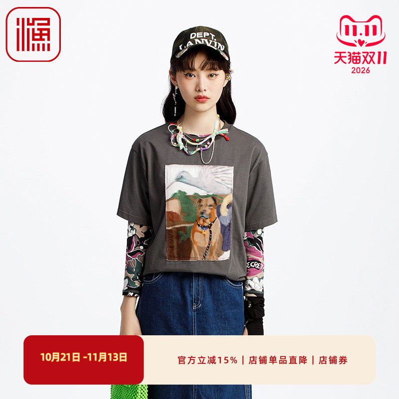 棉FISHING针织衫女2025新款春夏短袖印花休闲T恤上衣女FGHA2035