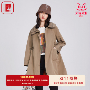 渔牌女装2025年新款高立领长款及膝宽松印花带帽风衣外套FGHA3042
