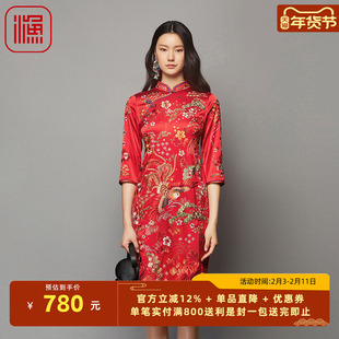 渔女装2023新款秋季真丝弹力国潮凤凰绣花收腰旗袍连衣裙FGFC0043