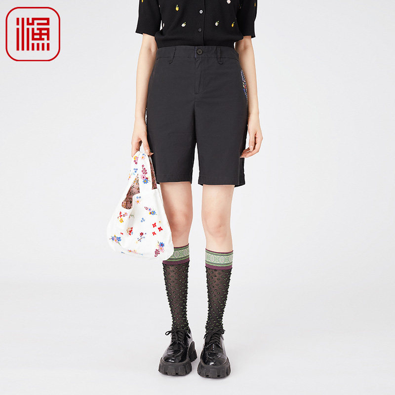渔女装短裤女2024新款夏季纯棉全棉绣花弹力腰直筒休闲裤FGGB6406
