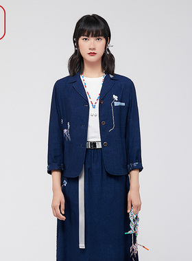 渔牌新中式女装2024春款棉麻刺绣花休闲西装时尚短款外套FGGA3010