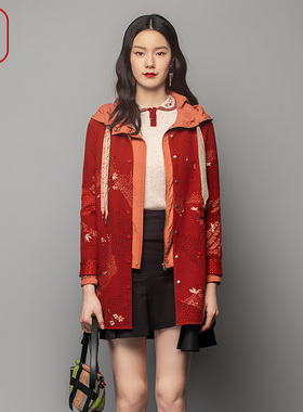 渔服饰风衣外套女2023新款棉羊毛刺绣花长款针织呢料大衣FGFD3043