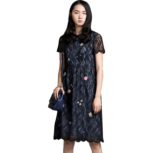 渔牌女装连衣裙夏季2023新款针织绣花直筒宽松休闲裙子女FGFB0067