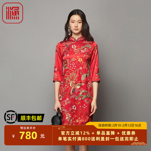 渔女装2023新款秋季真丝弹力国潮凤凰绣花收腰旗袍连衣裙FGFC0043