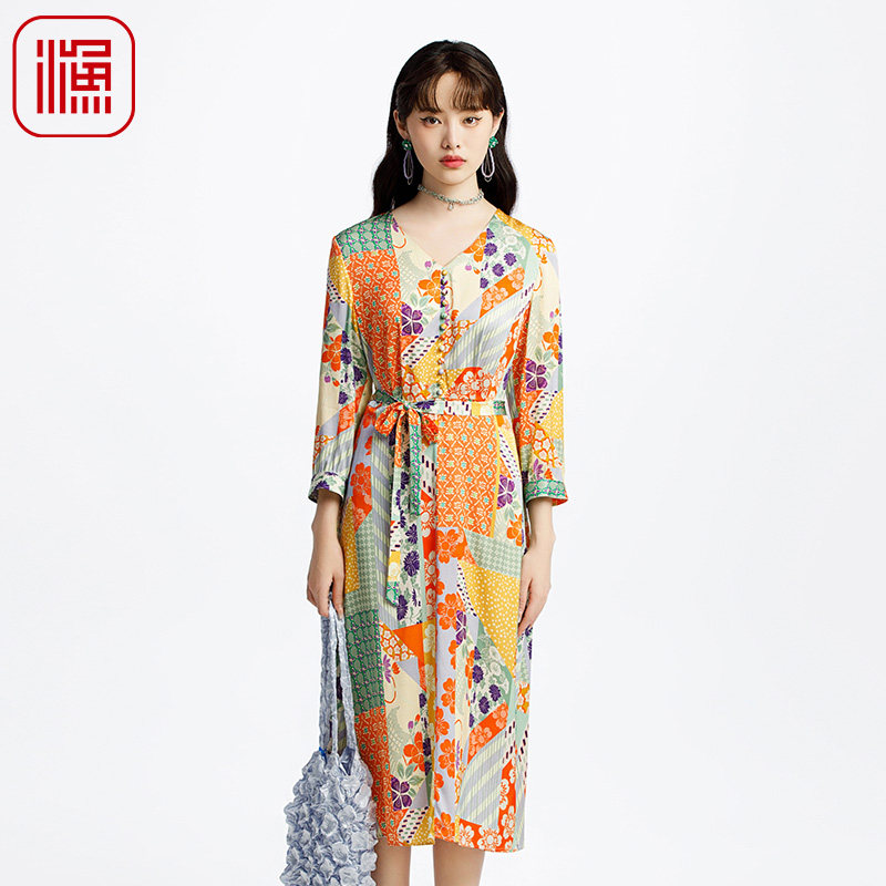 渔牌女装连衣裙2025新款春夏薄款弹力V领桑蚕丝印花裙子FGHA0059