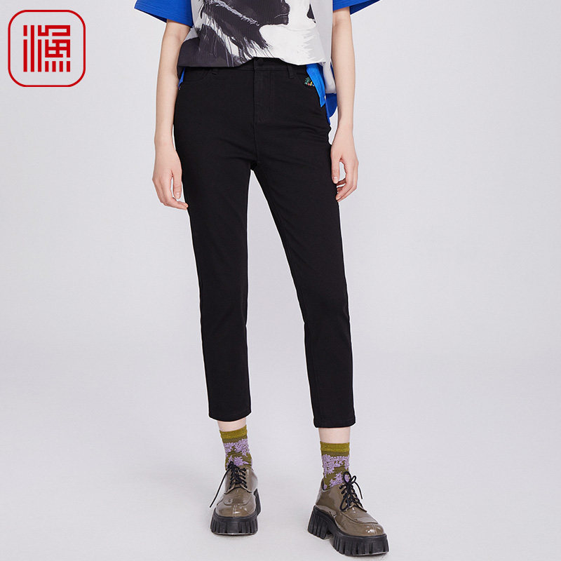 渔牌女装黑色牛仔裤2025年新款女春秋绣花简约休闲长裤子FGHA6016