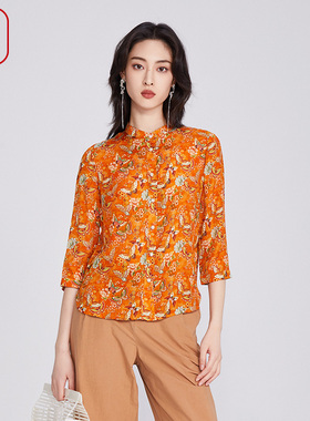 渔牌女装春夏装女款2025年新款薄款立领印花桑蚕丝短上衣FGHB2229