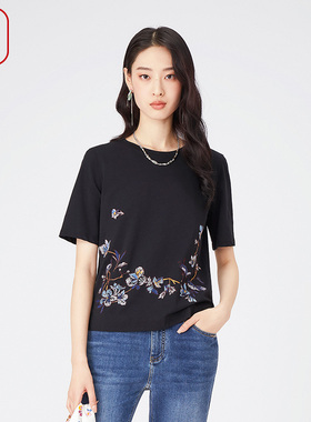 FISHING女装短袖t恤女2024新款纯棉绣花宽松透气潮流上衣FGGA2017