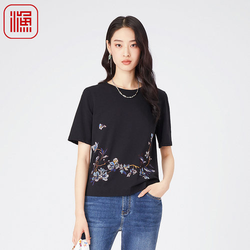 FISHING女装短袖t恤女2024新款纯棉绣花宽松透气潮流上衣FGGA2017